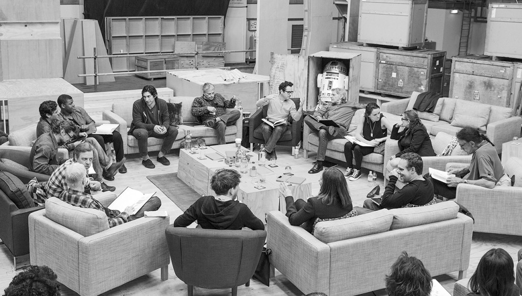 Writer/Director/Producer J.J Abrams (top center right) at the cast read-through of Star Wars Episode VII at Pinewood Studios with (clockwise from right) Harrison Ford, Daisy Ridley, Carrie Fisher, Peter Mayhew, Producer Bryan Burk, Lucasfilm President and Producer Kathleen Kennedy, Domhnall Gleeson, Anthony Daniels, Mark Hamill, Andy Serkis, Oscar Isaac, John Boyega, Adam Driver and Writer Lawrence Kasdan. 