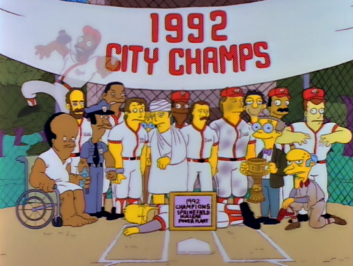 The Springfield Nuclear Power Plant softball team posing as champions after a series of unfortunate events befell the players